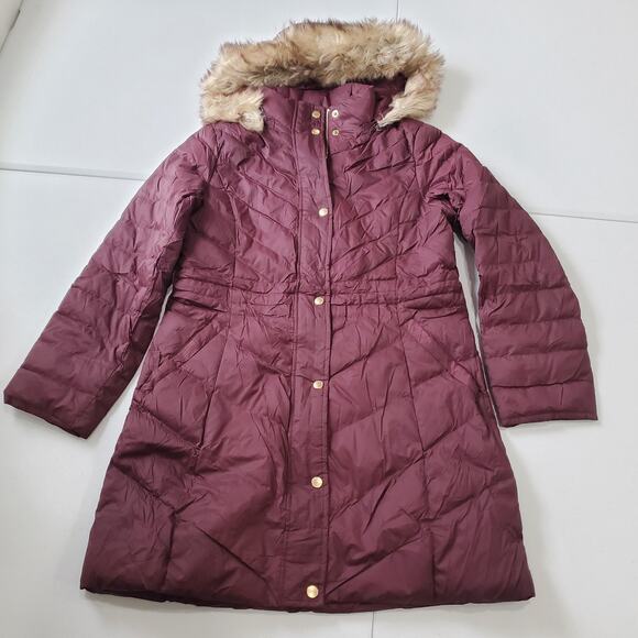 Talbots Coat Womens Small Petite Burgundy Down Puffer Quilted Hood Faux Fur Trim - Picture 1 of 10